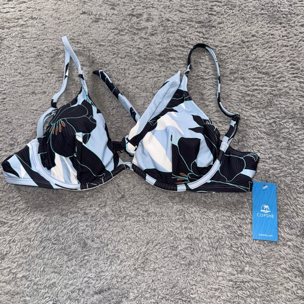 Cupshe Bikini Top Underwire Floral Blue Black Womens Swimwear